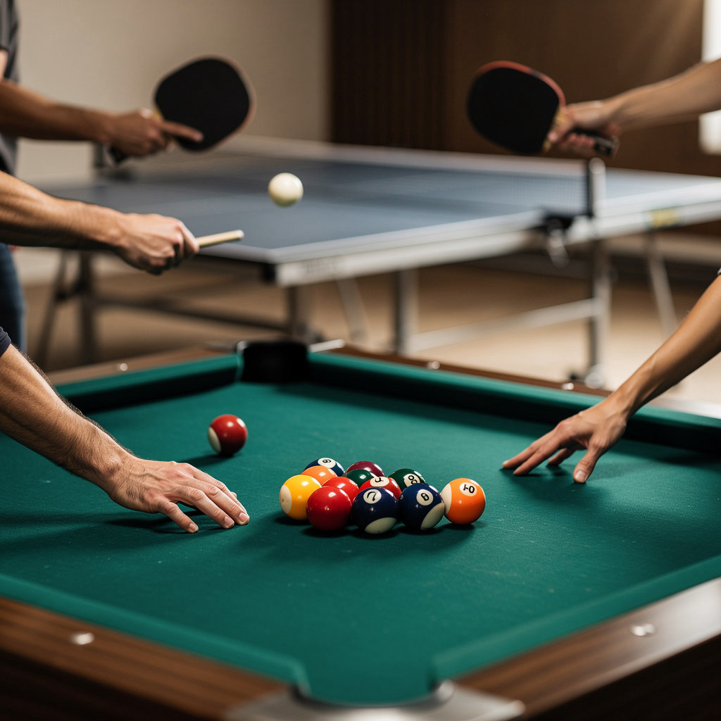 La DAM Scornicești - oameni jucând biliard și ping-pong într-o atmosferă caldă și relaxantă